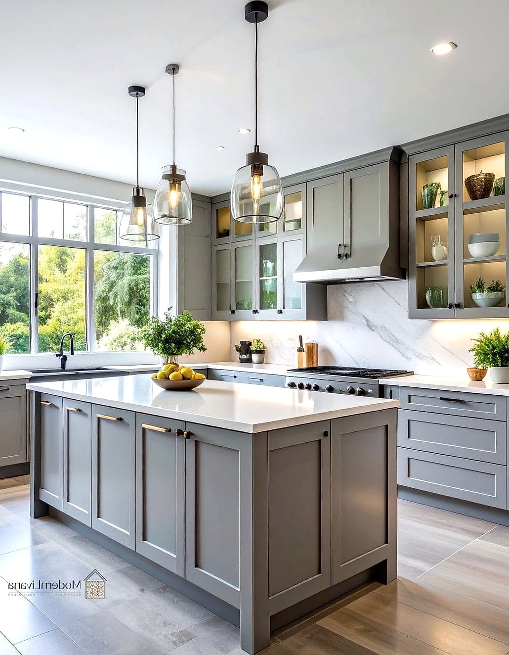 Gray Cabinets with Glass Front Doors