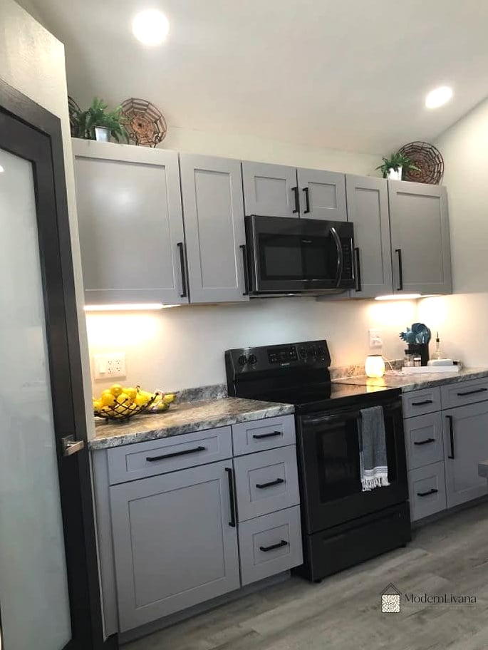 Gray Cabinets with Black Fixtures