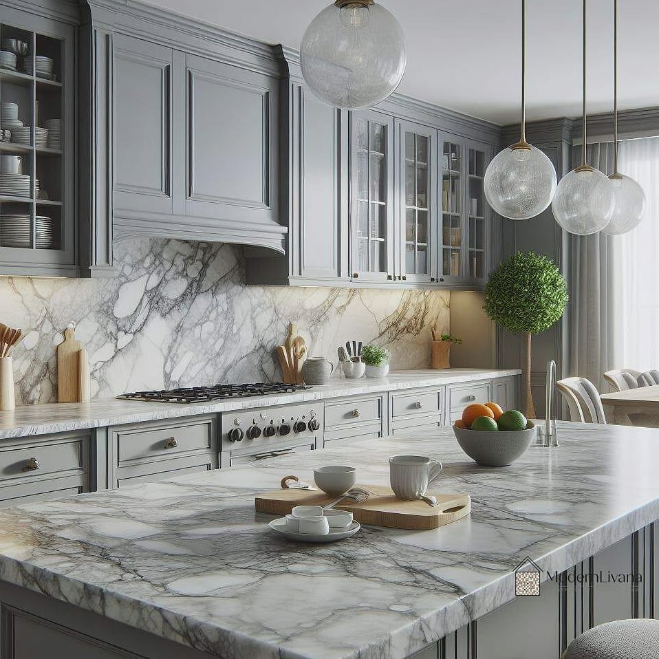 Gray Kitchen With Marble Countertops