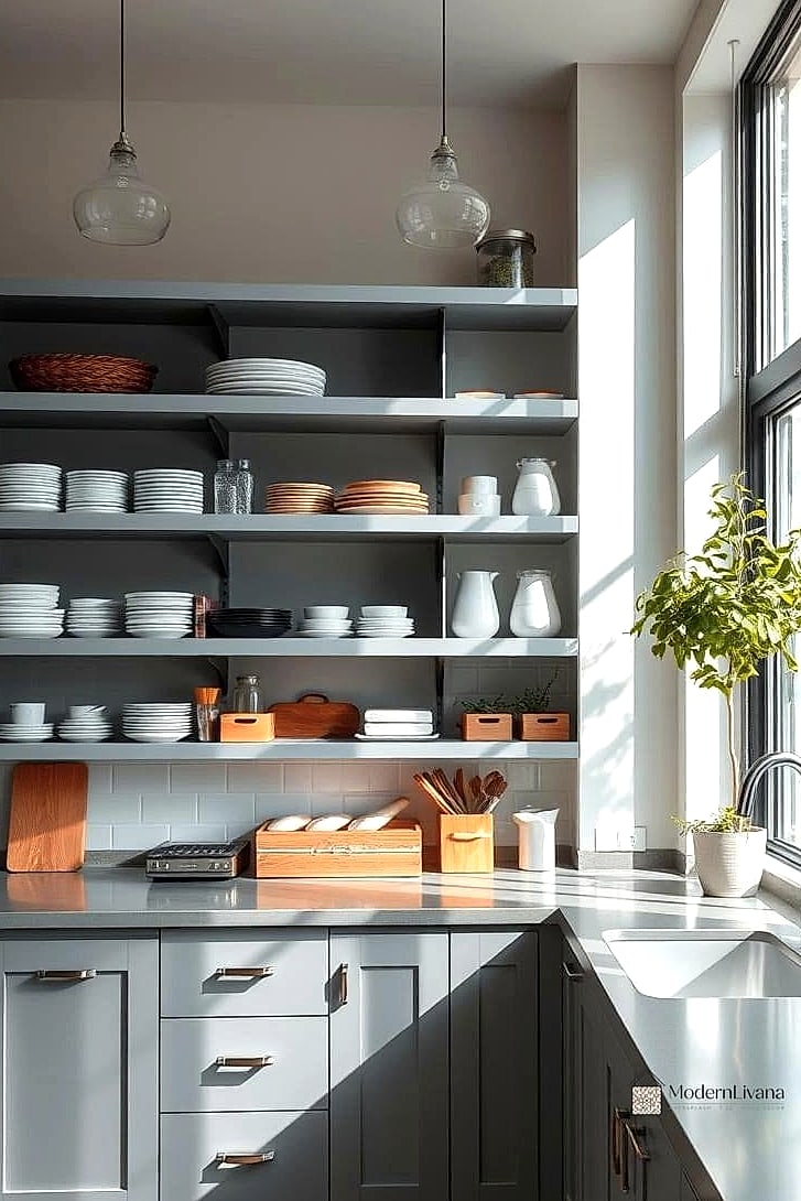 Gray Kitchen With Open Shelving