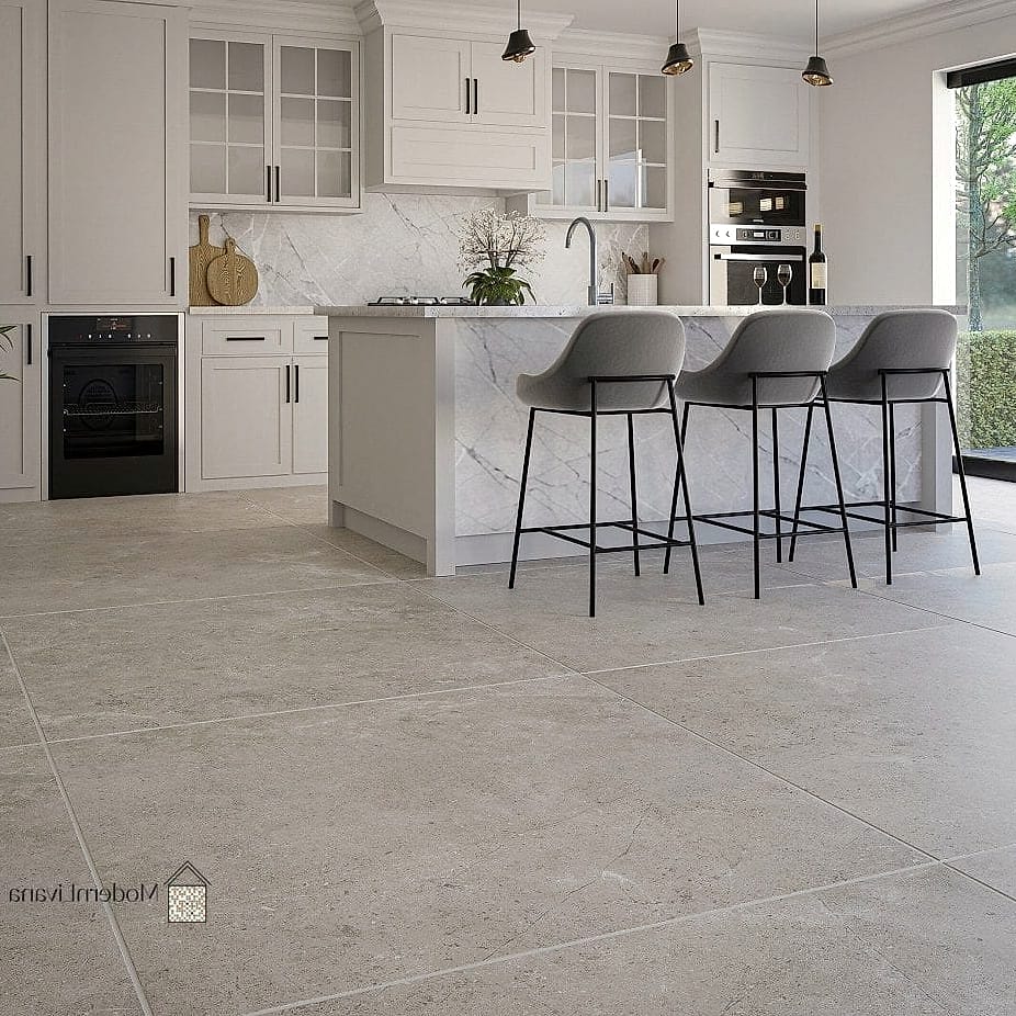 Gray Kitchen With Porcelain Tile Flooring