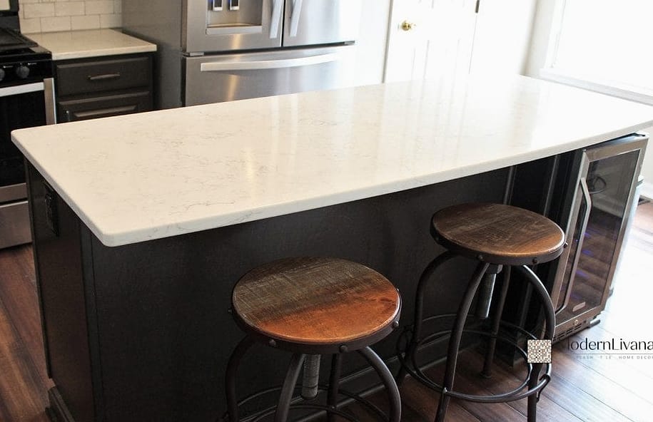 Gray Quartz Countertop with White Subway Tile