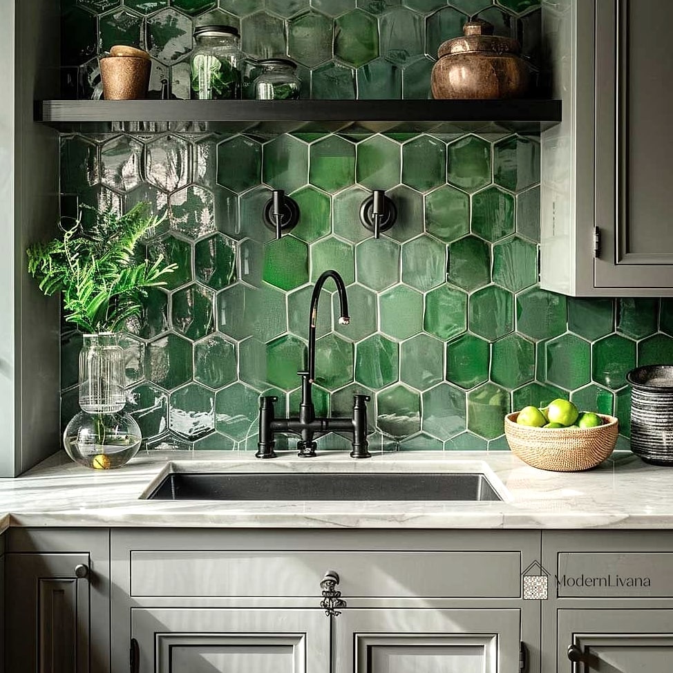Green Elongated Hexagon Tile Kitchen Feature Area