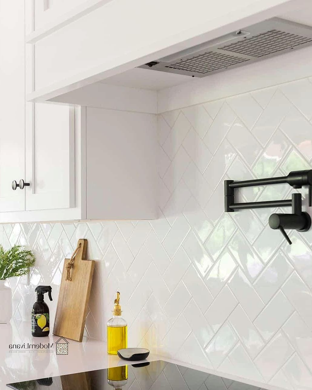 Herringbone Subway Tile with White Marble Countertop