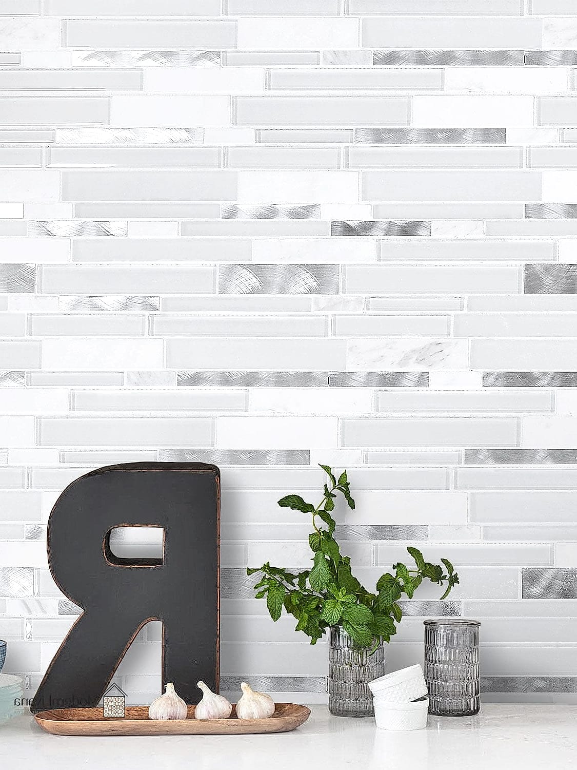 27 White Glass Metal Backsplash Ideas That Are Absolutely Worth It 3 Herringbone White Glass Tile With Metallic Details