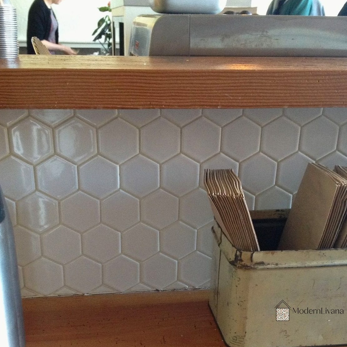 Hexagon Tile Framing an Open Shelving Wall