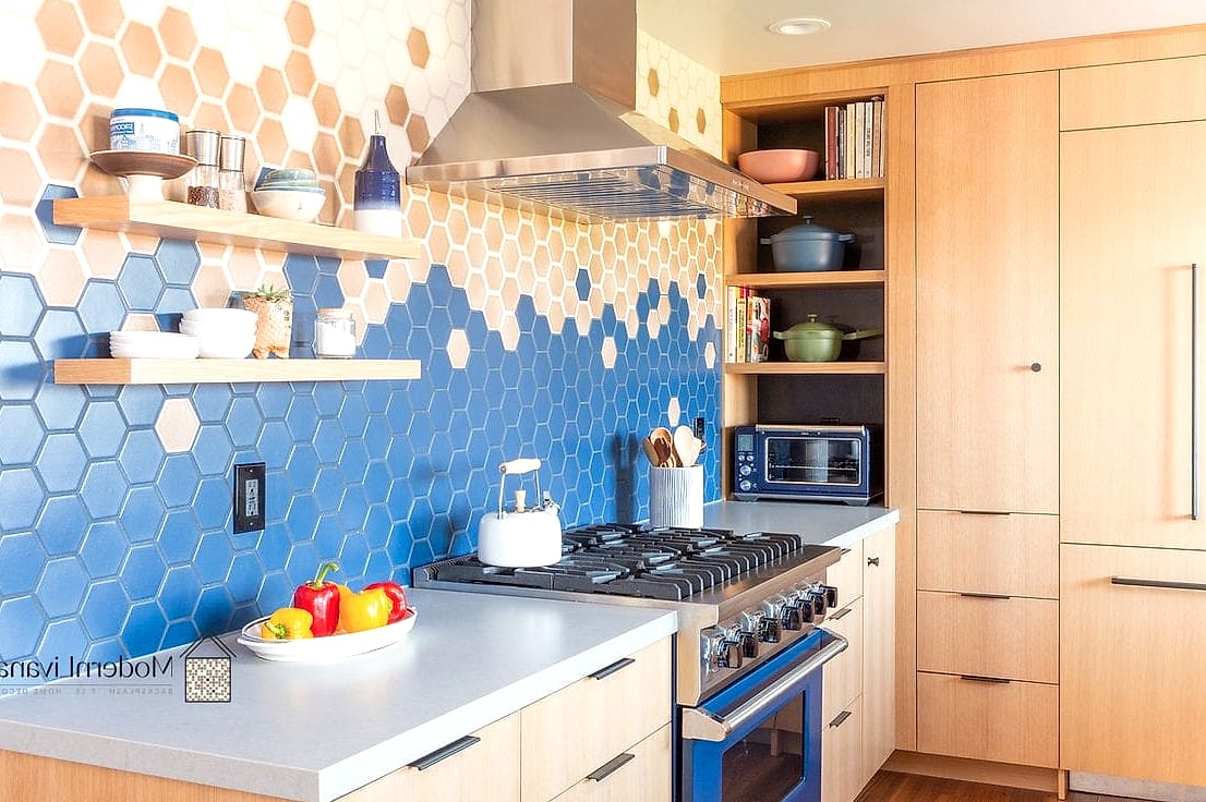 Hexagon Tile Extending onto a Kitchen Island Backsplash