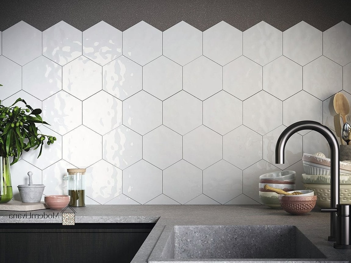 Hexagon Tile Extended as a Full Accent Wall Beyond the Cooking Zone