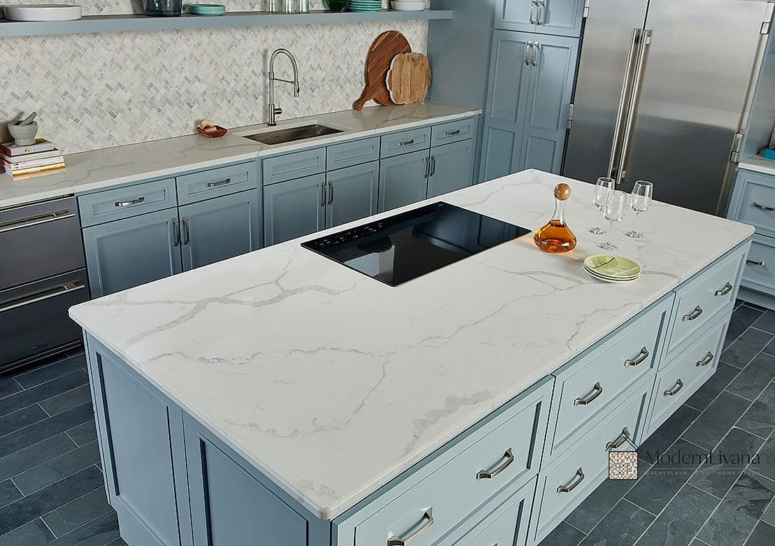 Honed Quartz Countertop with Matte Subway Tile