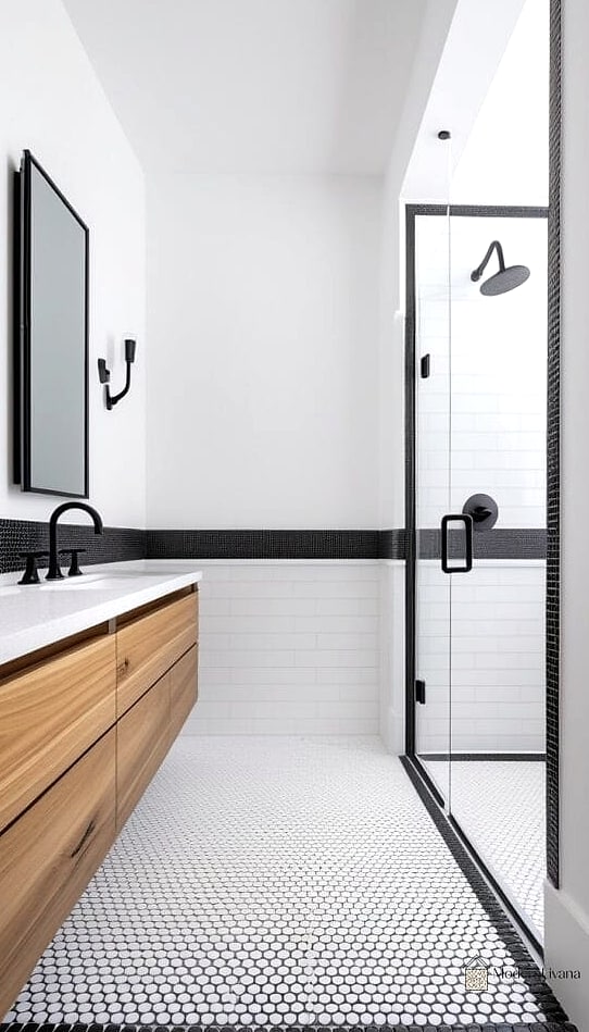 Large Mirror Above Penny Tile