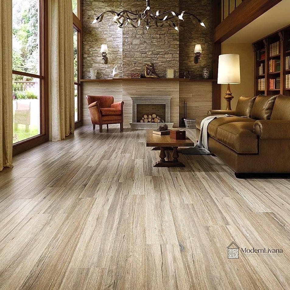 Large Porcelain Tile with Warm Wood Accents