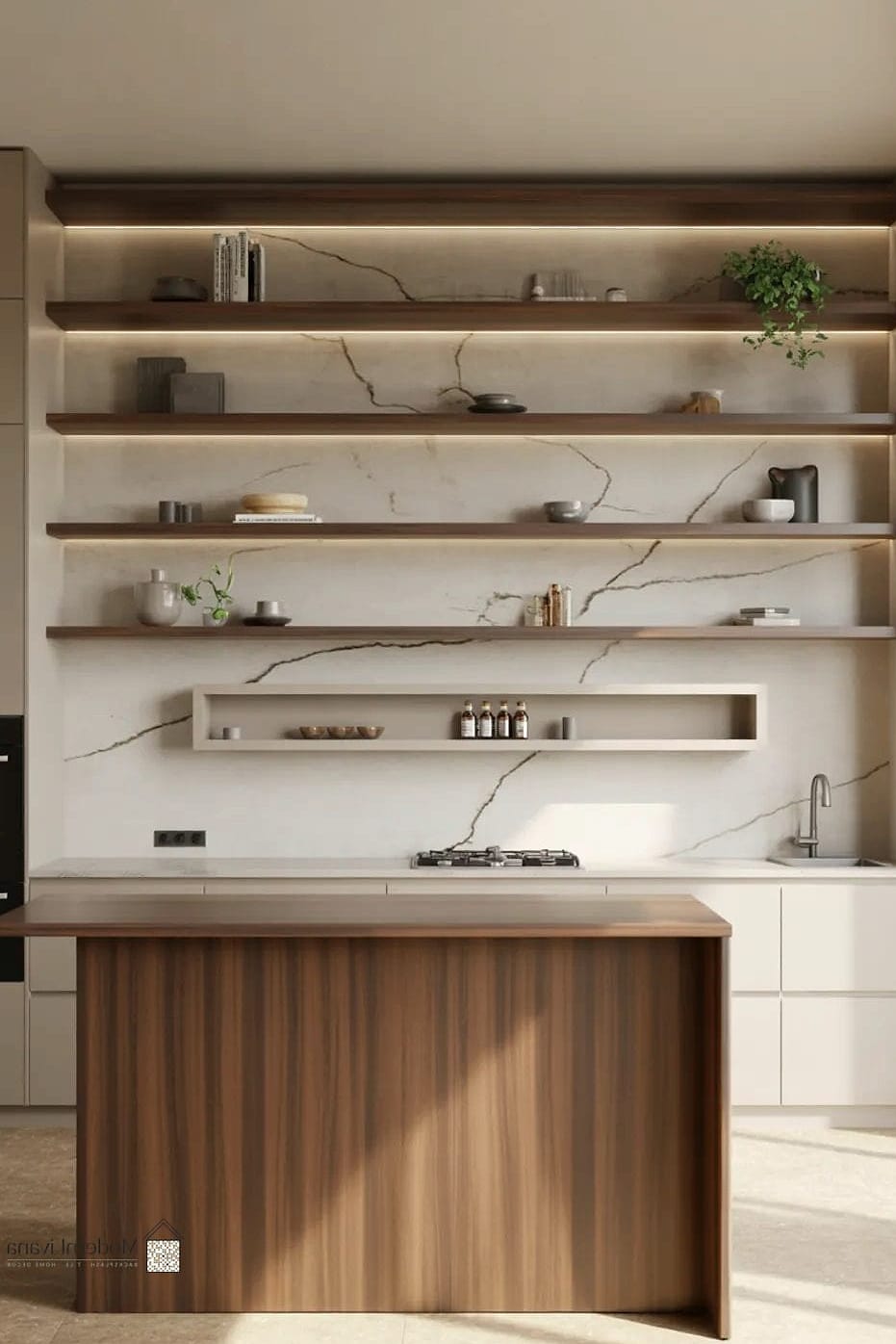 30 Marble Backsplash Ideas That Are Stylish and Practical 23 Marble Backsplash with Floating Wood Shelves