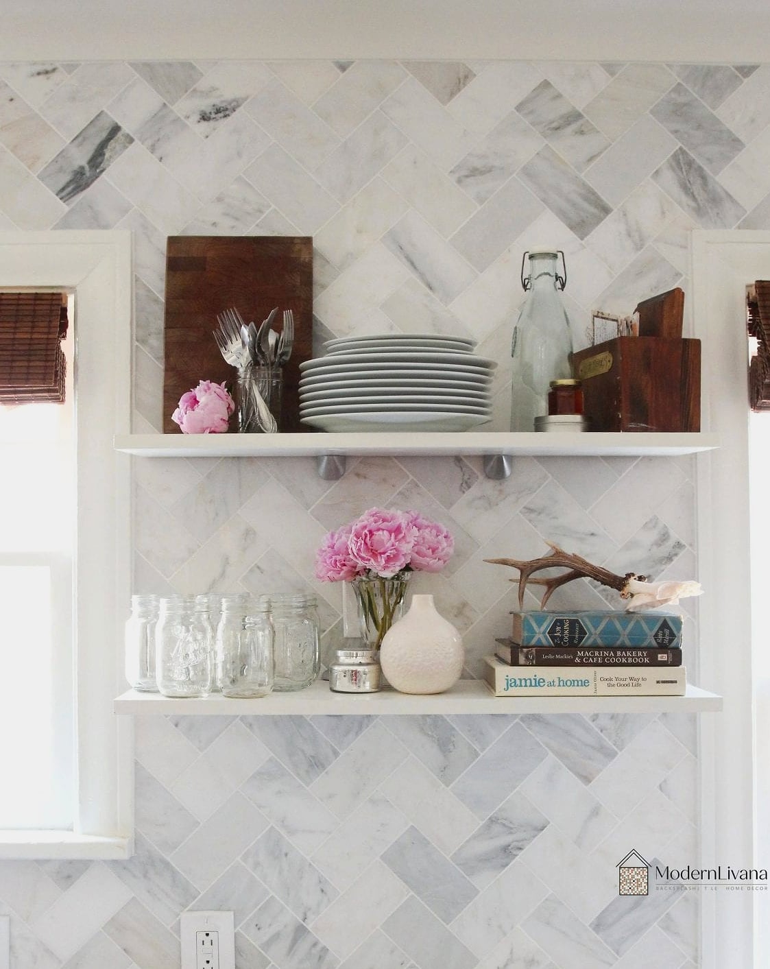 Marble Chevron Backsplash with Open Shelving