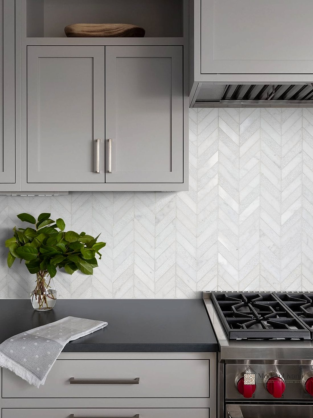 Marble Chevron Backsplash with Quartz Countertops