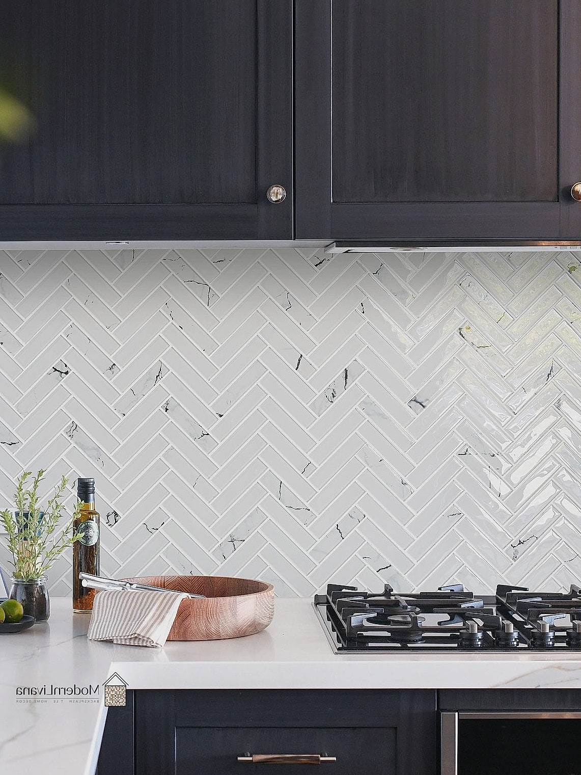 Marble Chevron Backsplash with Black Fixtures
