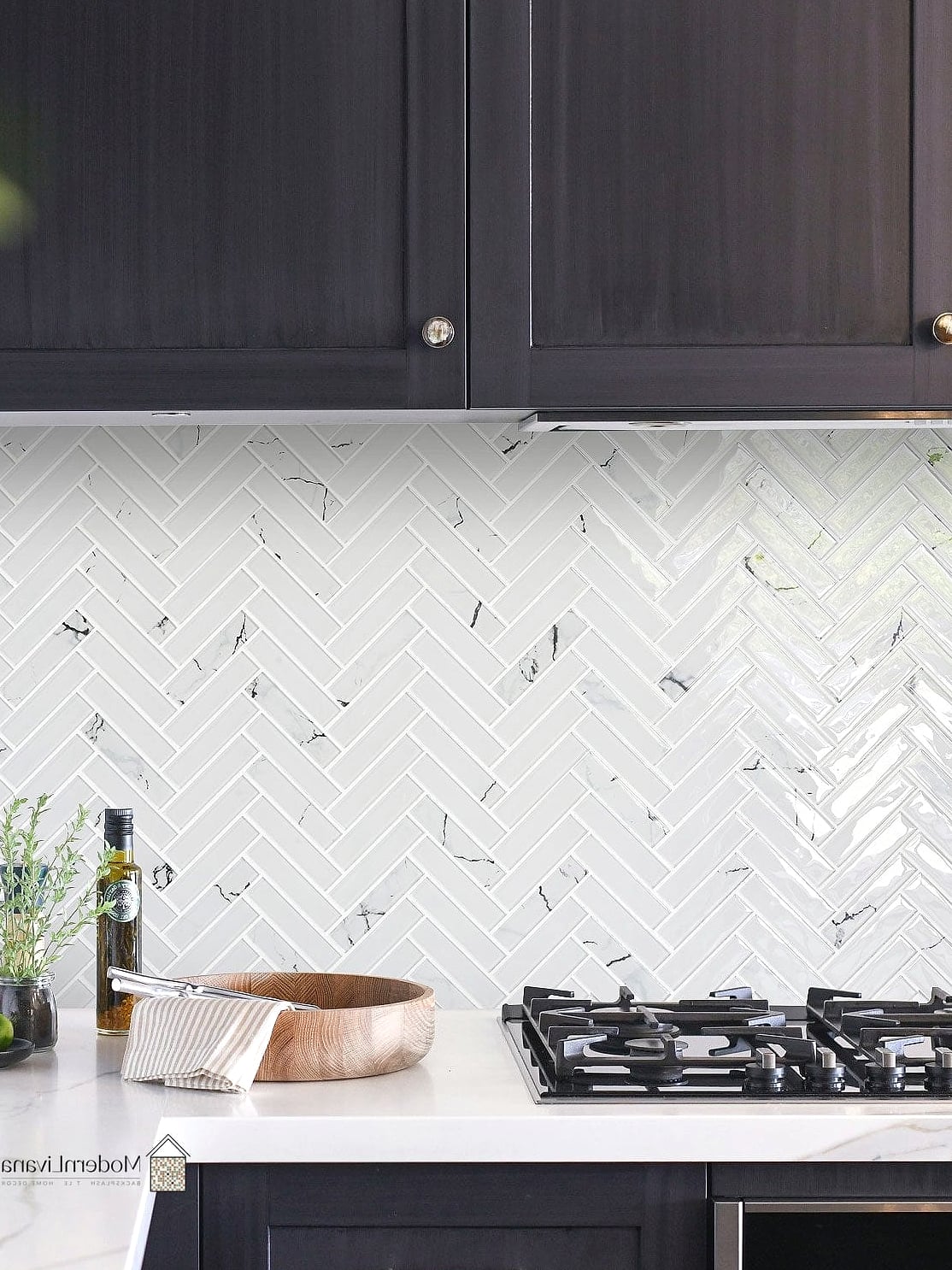 Marble Chevron Accent Wall with Hidden Storage