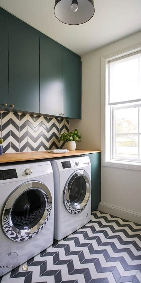 28 White Chevron Backsplash Ideas That Maximize Style and Function 23 Mini Chevron for a Laundry Room
