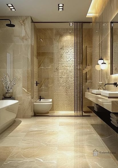 Modern Bathroom With Minimal Travertine Tile