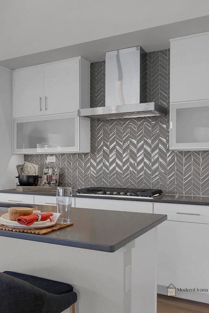 Modern Marble Chevron with Glass Cabinet Doors