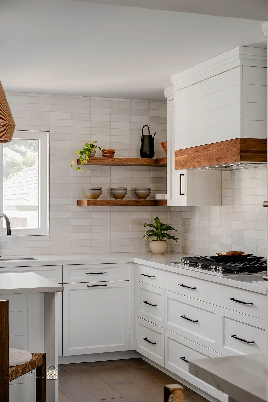 Natural Wood Countertop with Glossy Subway Tile