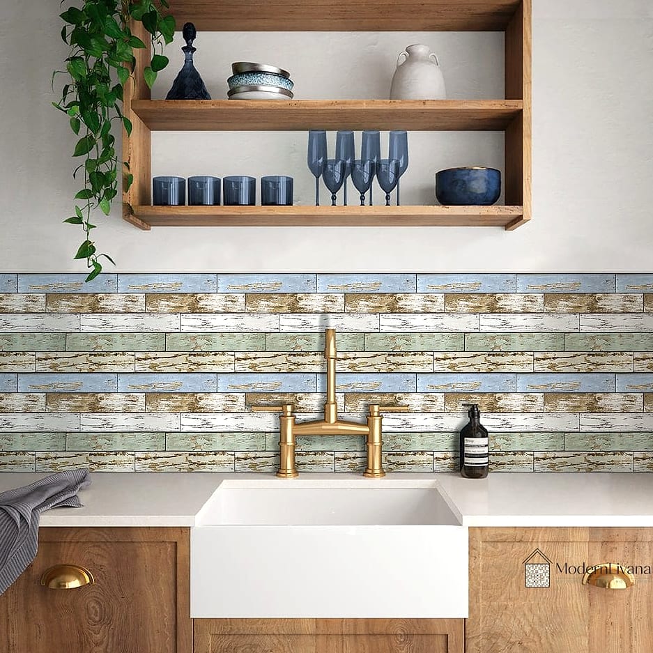 Natural Wood-Look Tile Backsplash