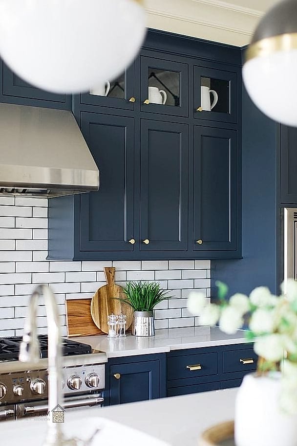 Navy Blue Quartz Countertop with White Subway Tile