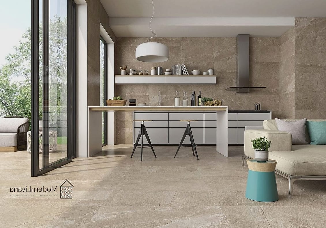 Neutral Beige Glazed Tile with Warm Wood Accents
