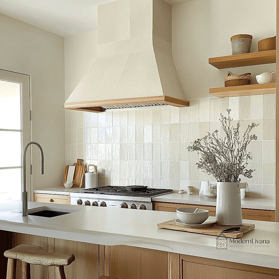 Neutral Glass Sheet Backsplash for a Timeless Kitchen