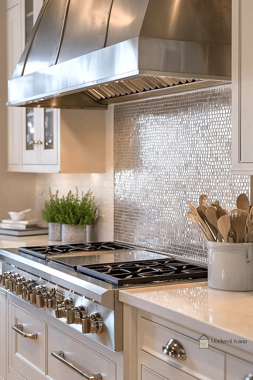 Neutral Mosaic Tile Around the Stove Area