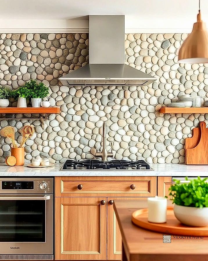 Neutral Pebble Stone Backsplash for a Spa-Like Kitchen