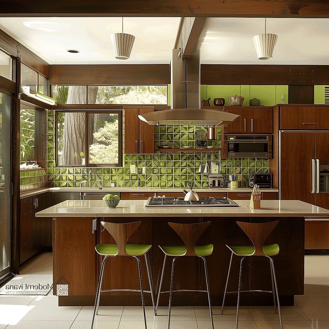 Olive Green Cabinets with Wood Accents