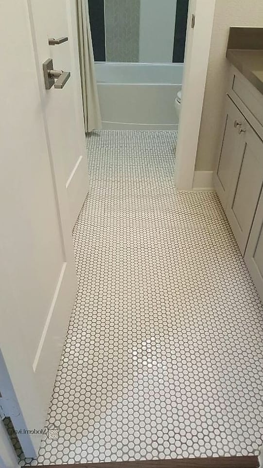 Penny Tile Behind Open Shelving