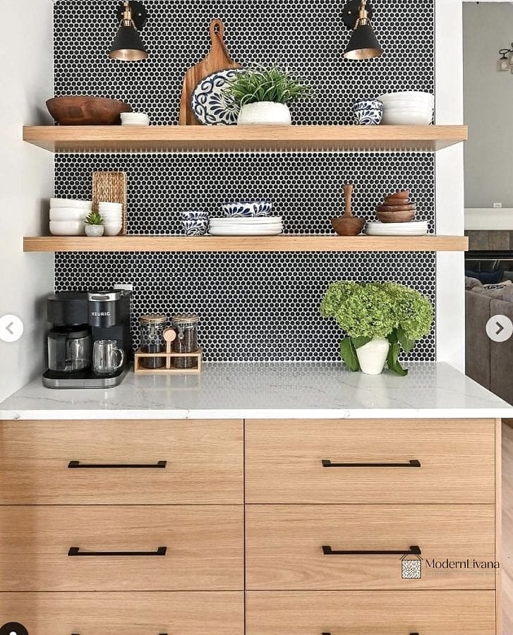 Penny Tile with Floating Shelves