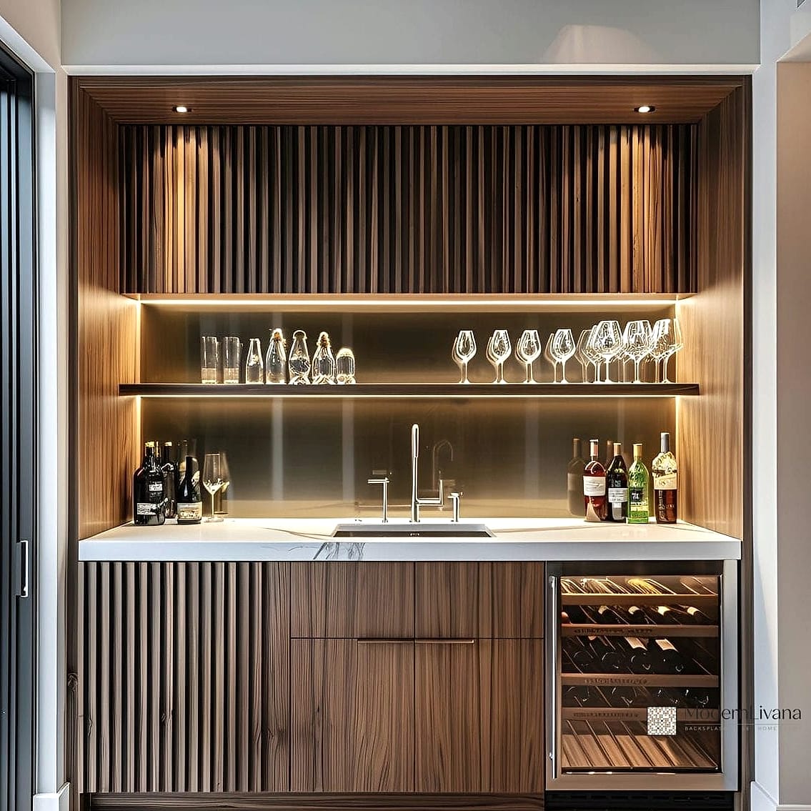 Rich Wood Paneling as a Backsplash