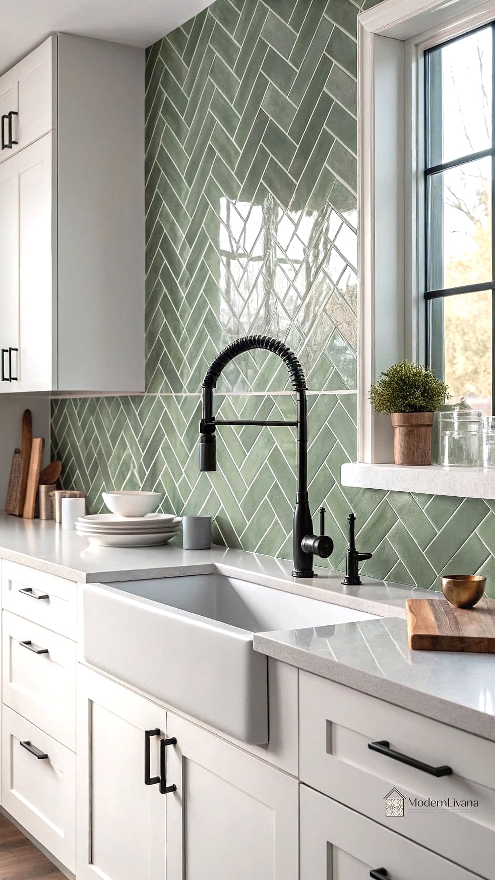 Sage Green Glass Sheet Backsplash with Natural Wood Accents