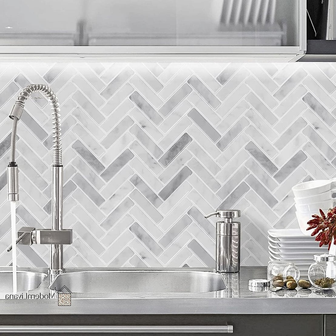 27 Silver Tile Ideas Trending on Pinterest This Year 3 Silver Herringbone Backsplash