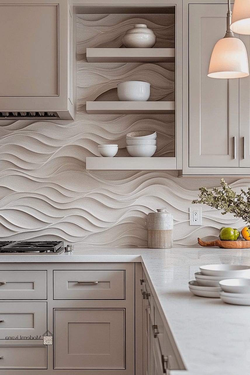 Simple Neutral Backsplash with Open Shelving