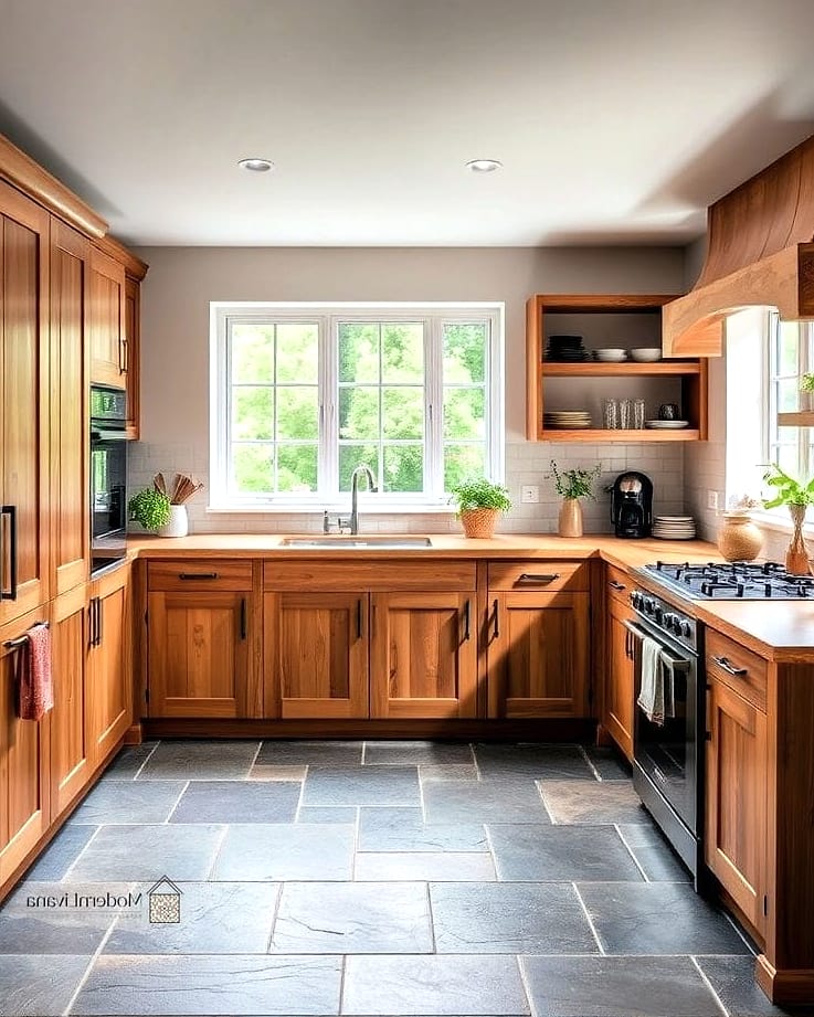 Slate Kitchen with Warm Wood Cabinets