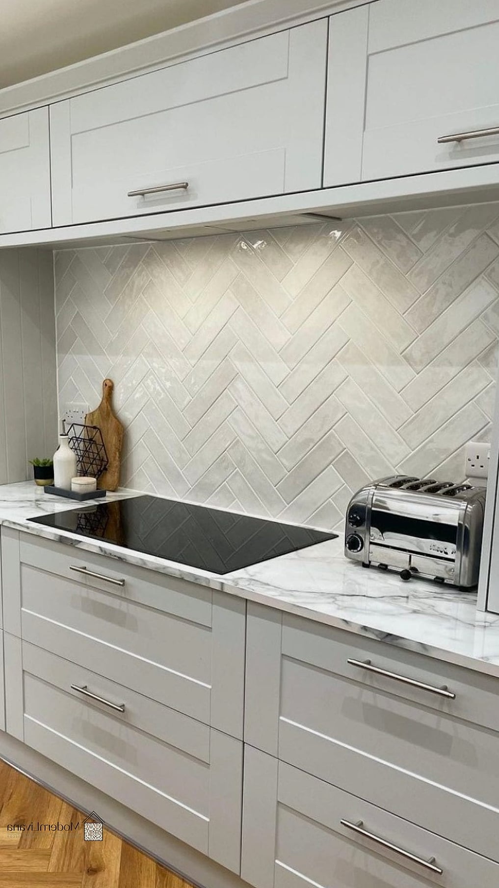29 Kitchen Backsplash Ideas From Homes We Absolutely Love 9 Soft Gray Herringbone Pattern
