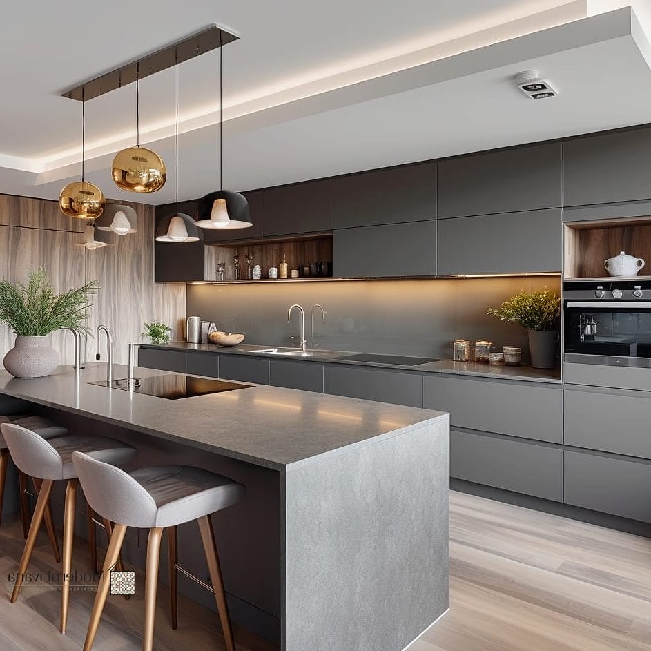 Soft Gray Cabinets With Warm Wood Accents