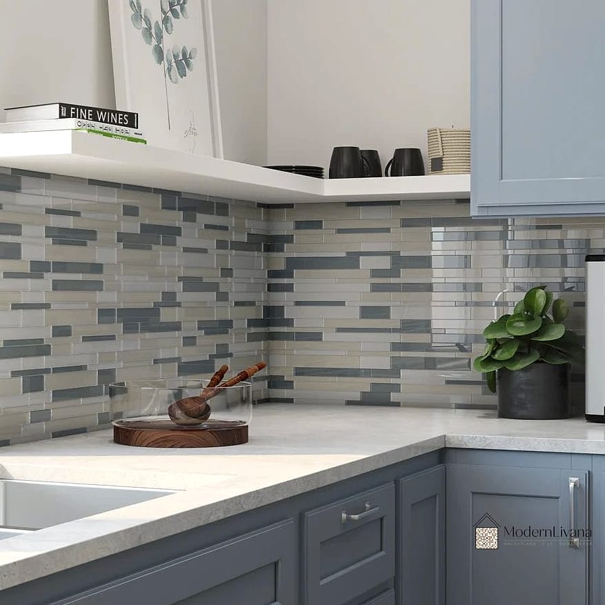 23 Multicolor Backsplash Ideas That Are Stylish and Practical 2 Soft Gray, White, and Blue Subway Tile Blend
