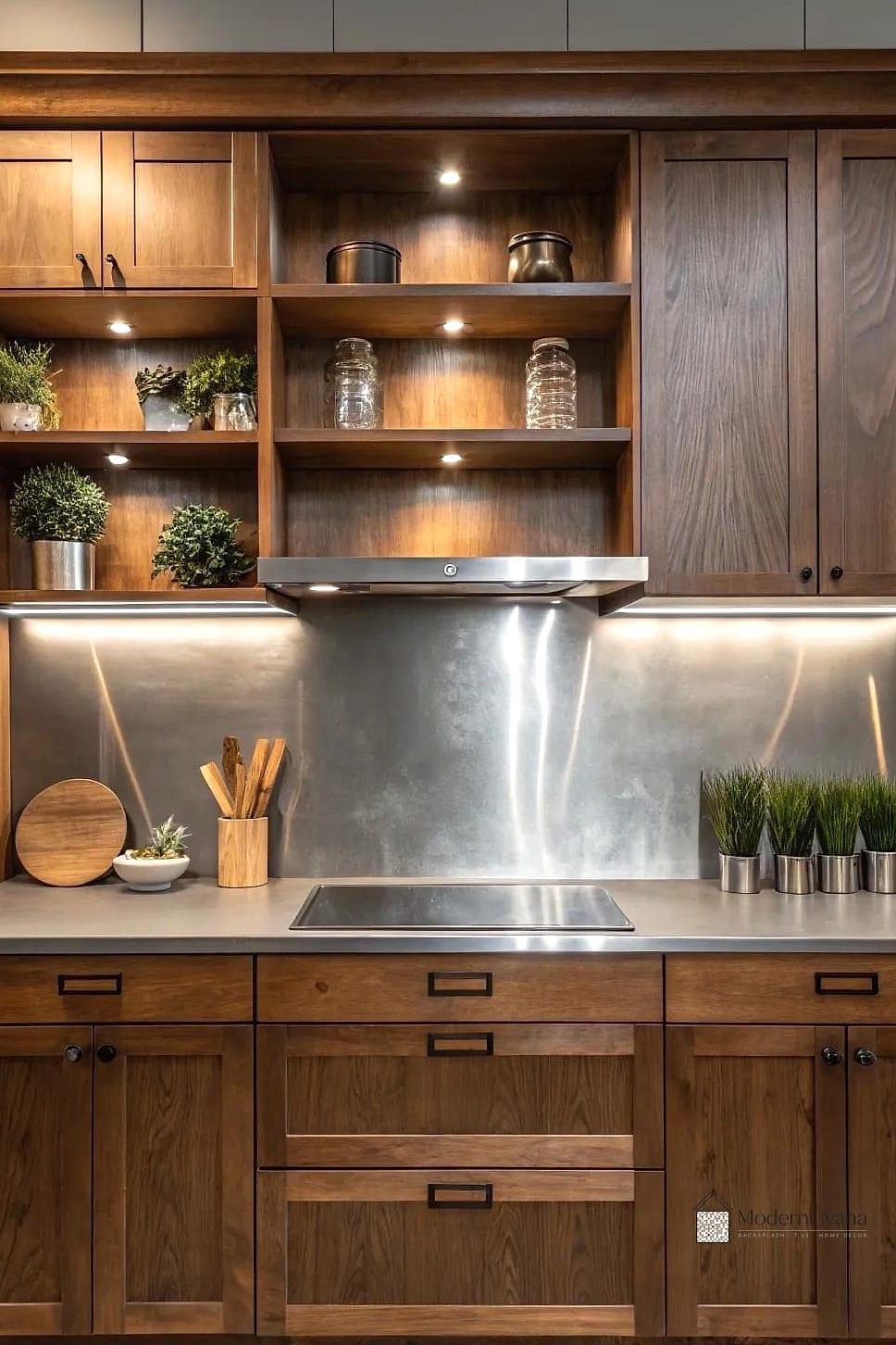 Stainless Steel With Warm Wood Cabinets