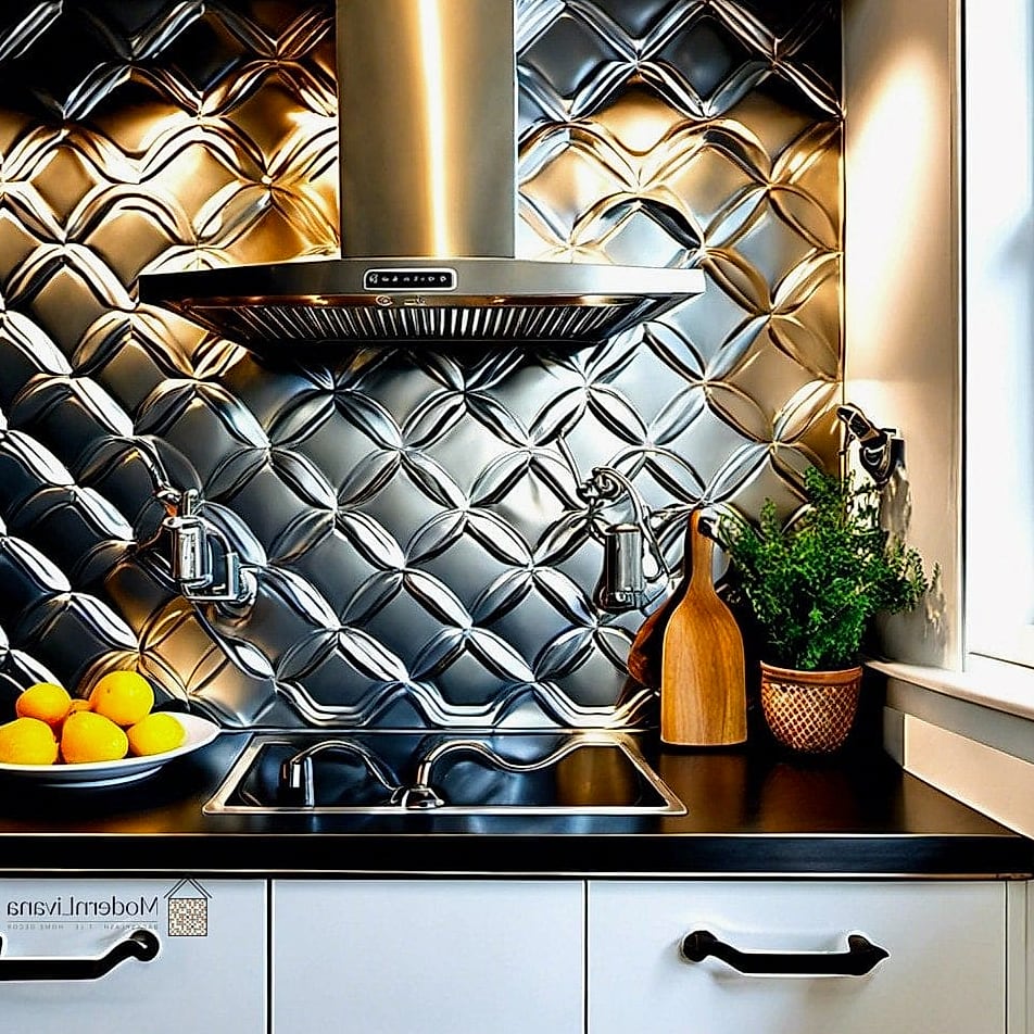 24 Tin Backsplash Ideas That Will Change How You See Your Home 6 Tin Backsplash with Geometric Patterns