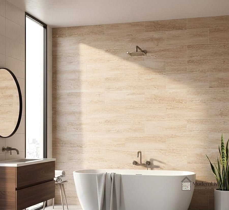 Travertine Accent Walls Behind Vanities