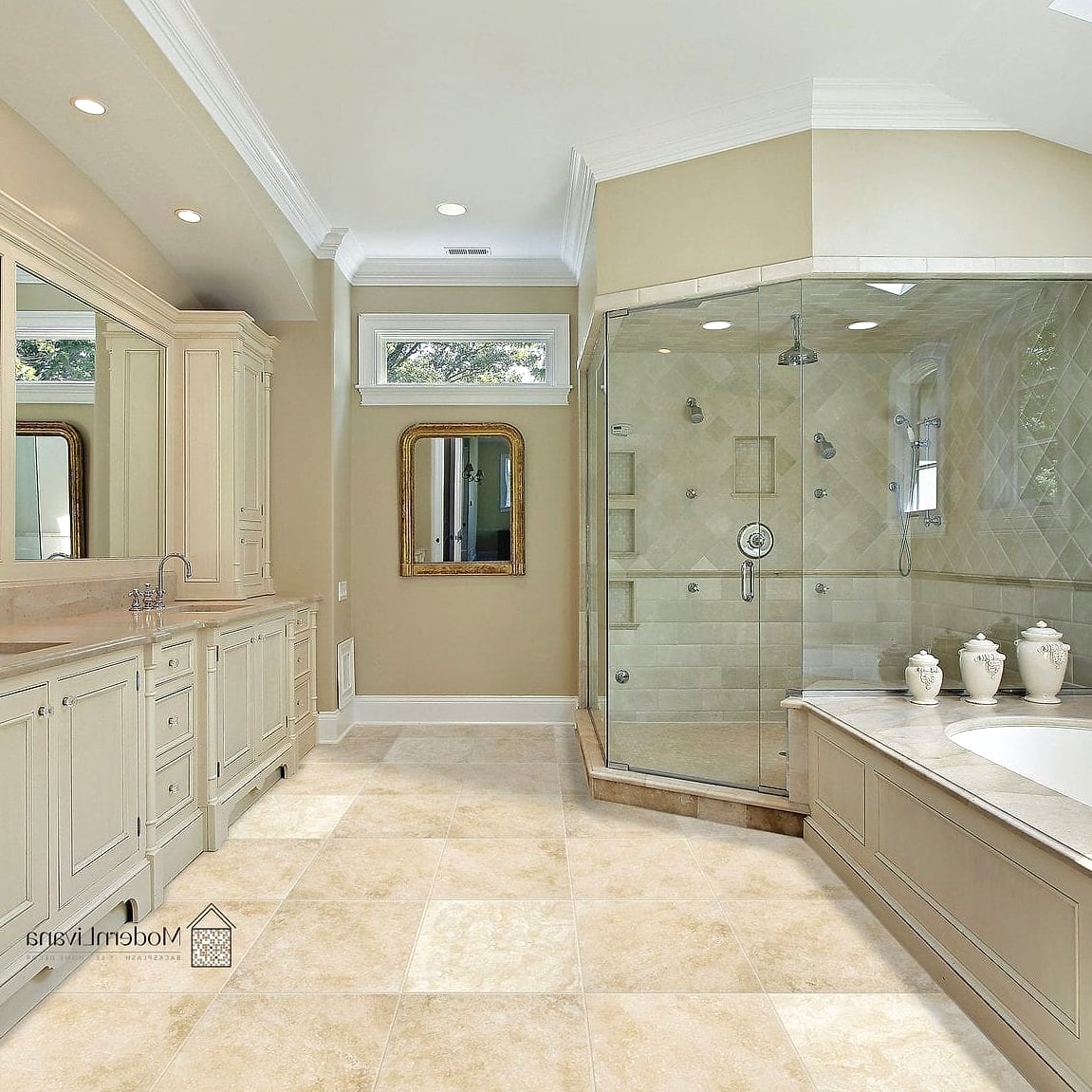 Travertine Bathroom Floors With Wood Accents