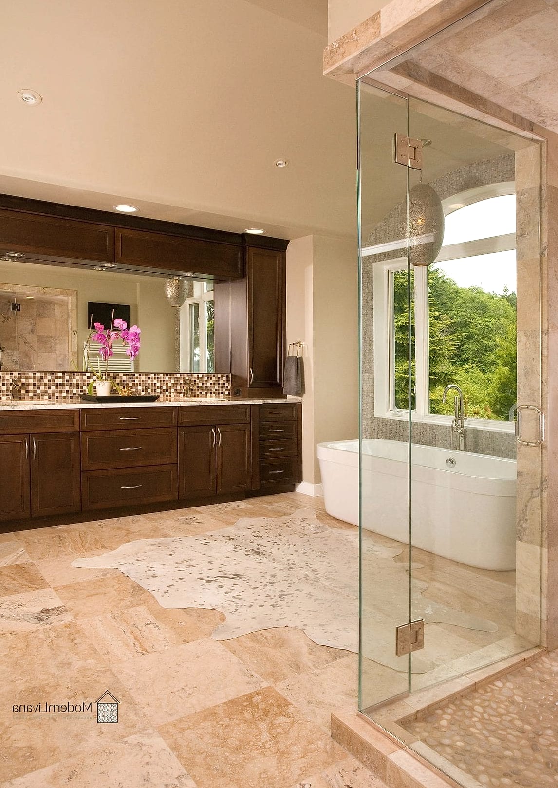 Travertine Bathroom With Brass Hardware