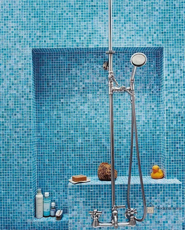 27 Blue Mosaic Tile Ideas From Homes We Absolutely Love 18 Vertical Blue Mosaic Tile Shower Accent Strip