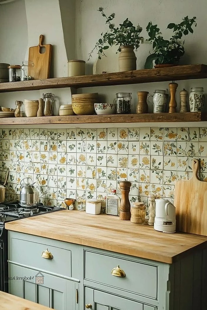 Vintage Floral Ceramic Tile Floor