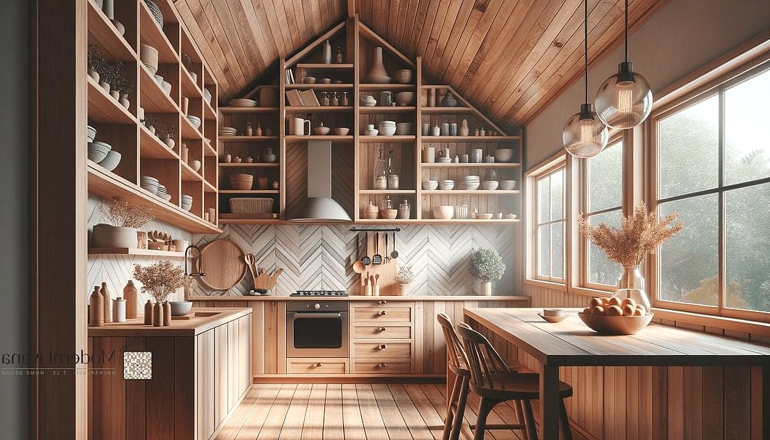 Warm Wood Accents Against White Cabinetry