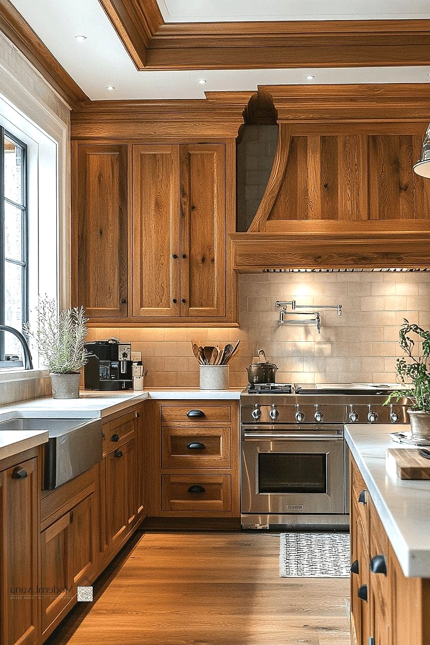 Warm Wood Cabinets with Modern Lines